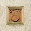 Leith Hall, exterior.  Courtyard: detail of armorial panel on West wall