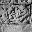 Tomb of Alasdair Crotach Macleod. Detail of carved panel showing Michael and Satin at the weighing of souls.