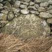 Copy of slide (H 93788cs) showing drilled boulder in wall close to recumbent stone circle.