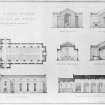 Redford barracks, military church
Photographic copy of drawing showing plans, sections, elevations
Entitled: 'Redford Military Church', 'Plans, Sections and Sections'
Pen, ink and wash, with scale