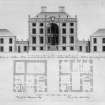 Engraving of plan and front elevation to court of Niddrie Marischal House, Edinburgh. Since demolished.
Insc: 'The Generall Front of Niddrie House toward the Court the seat of Andrew Wauchope of Niddrie Esqr. in the county of Midlothian. Plan of the Mezzanine story, Plan of the Attick Story. Gul: Adam inc et delin, R. Cooper Sculpt'.