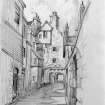 Photographic copy of drawing showing rear of Huntly House from Bakehouse Close, signed 'J Houston'