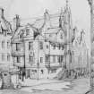 Drawing showing view of John Knox's House, Edinburgh from South West by J Houston.