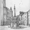 General view of Mercat cross with St Giles in background, Photograph of drawing by J Houston