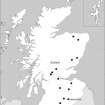 Distribution map showing all Roman Temporary Camps in Scotland with Stracathro type gates, highlighting Raeburnfoot Roman Temporary Camp. Created for publication. Greyscale Tif file. 1200 dpi