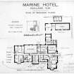 Scanned image of printed drawing of Marine Hotel, Gullane N.B. Plan of basement floor including garage and private lock ups with annotations relating to take over by Fire Service.