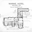 Scanned image of printed drawing of Marine Hotel, Gullane N.B. Plan of Ground floor with annotations relating to take over by Fire Service.