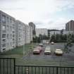 Dundee, Ardler Estate, Birkdale Place (Phase I): General view of 4-storey low rise blocks surrounding a car park.