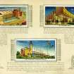 Page from Souvenir Album of cigarette cards.  Cards showing the U.K. Government Pavilion, the Concert Hall and the Scottish Pavilion. Issued by Stephen Mitchell & Son.