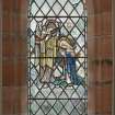Interior.
Church hall, detail of stained glass window on left side of bay on S wall.