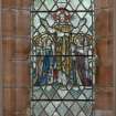 Interior.
Church hall, detail of stained glass window on right side of bay on S wall.