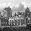 View from NW.
Engraving inscribed "New Abbey - N.W. view. Drawn by R. W. Billings. Engraved by J. H. Le Keux. Edinburgh, published by William Blackwood & Sons."