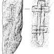 Scanned ink drawing of cross-incised stone & detail, St Ninian’s Isle, Shetland.