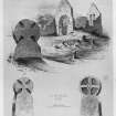 Copy of an illustration of 3 carved stones, one in situ with church behind (from SW).
From J Stuart, The Sculptured Stones of Scotland, vol. ii, 1867, plate lxiii.