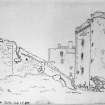Photographic copy of drawing showing view from NE inside courtyard. 
Titled: 'Inside of Blackness Castle. July 22d, 1782'.