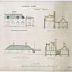 Drawing showing front and back elevations of kitchen offices and sections with alterations and additions.