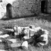 Iona, Iona Abbey.
View of stone-carved fragments of arcade lying in cloister.