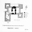 Photograph of drawing showing ground floor plan.
Titled: 'Hermitage Castle' 'Ministry of Works, Edinburgh 1954'