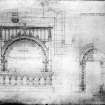 Photographic copy of drawing showing elevation of tomb and sacristy door.