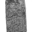 Aberlemno no 3, the Roadside cross-slab. Detail of upper portion of reverse, showing Pictish symbols, and hunting scene.