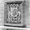 Detail of heraldic plaque belonging to 3rd Marquess of Bute on South turret of gatehouse.