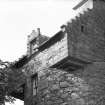 Dundee, Claypotts Road, Claypotts Castle.
View of South-East tower with three tier corbels and dormer window.