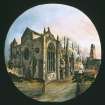 Hand painted slide showing Trinity College Church on original site