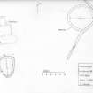 Annishader: dimensioned sketch of hut circles and rectangular building , NG 43570 51176
