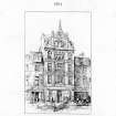 Sketch view of front facade, 89 George Street, Edinburgh. 
Titled: ' The Royal Scottish Academy Exhibition 1904'. '478. New Premises, 89 George Street, Edinburgh, COUSIN and ORMISTON, Architects'. 'Mason, Joiner and Plaster Works: W.S. Cruikshank and Son, Lower Gilmore Place, Edinburgh'.