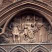 View of relief of Scotland, flanked by Industry and Religion, in tympanum of upper arch, main entrance, N facade.