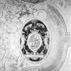 Interior.
Detail of painted ceiling showing coat of arms insc: 'Saw Through'.