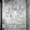 Interior, Kinneil House, Bo'Ness.
Detail of painted wall showing three figures with inscription.
