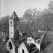General elevated view of Airth Old Parish Church from SW, from roof of Airth Castle.
