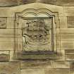 Museum block, north front, detail of carved panel (discovery), Andrew Carnegie Birthplace Memorial Museum