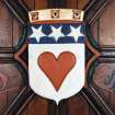Detail of the Heraldic Shield of the arms of the Earl of Douglas at St Machar's Cathedral, Chanonry, Aberdeen.
Shield: Argent, a human heart gules, on a chief azure three stars of the field.