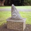 View of sculpture 'Finn Stone', opposite entrance to Leonard Horner Hall.
