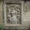 View of coat of arms of the Green family, at left side of main entrance stairway.