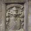 View of coat of arms of Sir James Dalrymple of Stair, at right side of main entrance stairway.