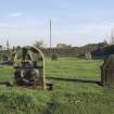 View of gravestones in churchyard at Falkland.
