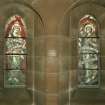 Hyndland Parish Church, interior.  Detail of stained glass windows in entrance porch North East corner