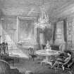 Lithograph showing interior view with seated figure.
Titled: 'Drawing Room, Fyvie Castle. C.F.Kell, Lith. 8 Castle St, Holborn, London F.C; Lumleys, Land Agents & Auctioneers, London, SW'
