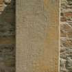 View of incised tomb-slab set against W wall of N Aisle, St Mary's Collegiate Church, Cullen.