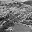 Peebles, general view, showing Tweed Bridge, Weir and Parish Church.  Oblique aerial photograph taken facing east.