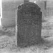 General view of gravestone with weaving loom and shuttle, angels, Adam and Eve, crossed bones, skull and hourglass.
