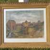 Photograph of an 1888 painting with view of mill buildings, and miller with horse and cart