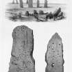 Cup and ring marked standing stones 'at Lochgilphead'. 
From J Stuart, The Sculptured Stones of Scotland, vol. ii, plate cxix.