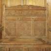 Interior. Council room. Detail of carved back of decorative bench