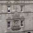 N range of courtyard. View of statue of George Heriot with sundial above