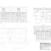 Ground floor plan, cross-section, South-East elevation and West elevation (reconstructed)