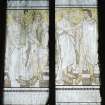 Interior, detail of picture gallery painted glass panels depicting Daedain, Myron, Scopas and Praxiteles